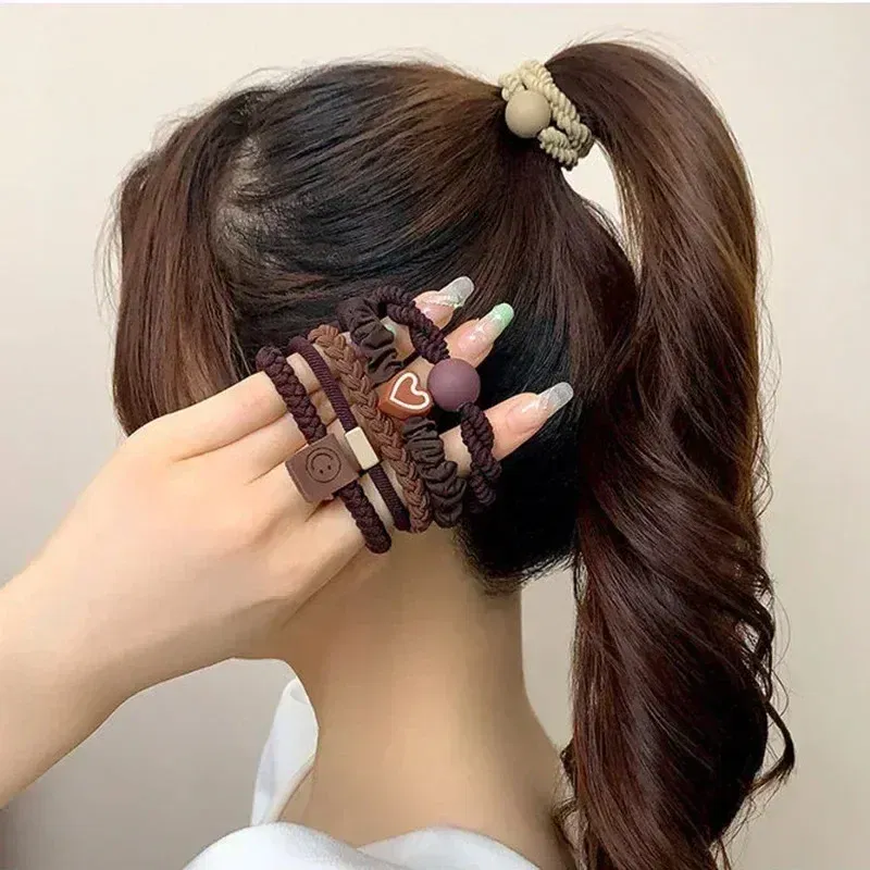 Color: Pink - 5pcs/Bag Women High Elastic Seamless Hair Rope Durable Bowknot Headbands No Crease Ponytail Holder Rubber Band Hair Accessories
