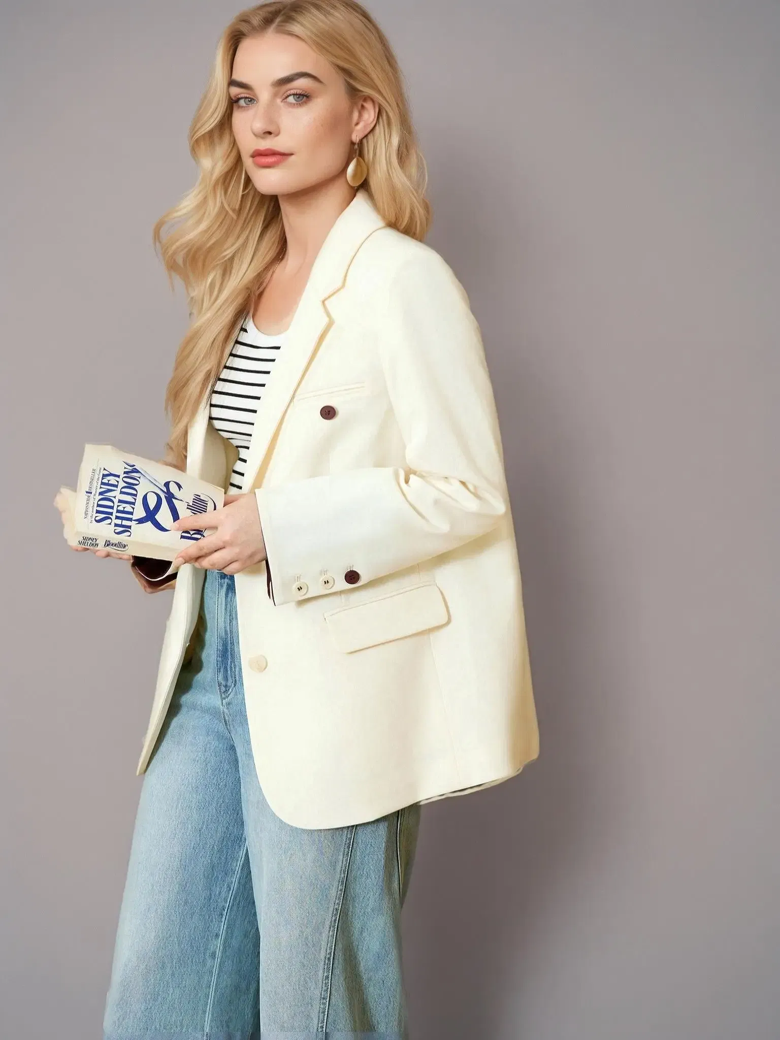 Color: GRAY, Size: M - DUSHU Plus Gray Blazer Jacket For Women 2025 Spring New Design Elegant Style Commuter Coat Chic Outwear Office Lady 25DS81036