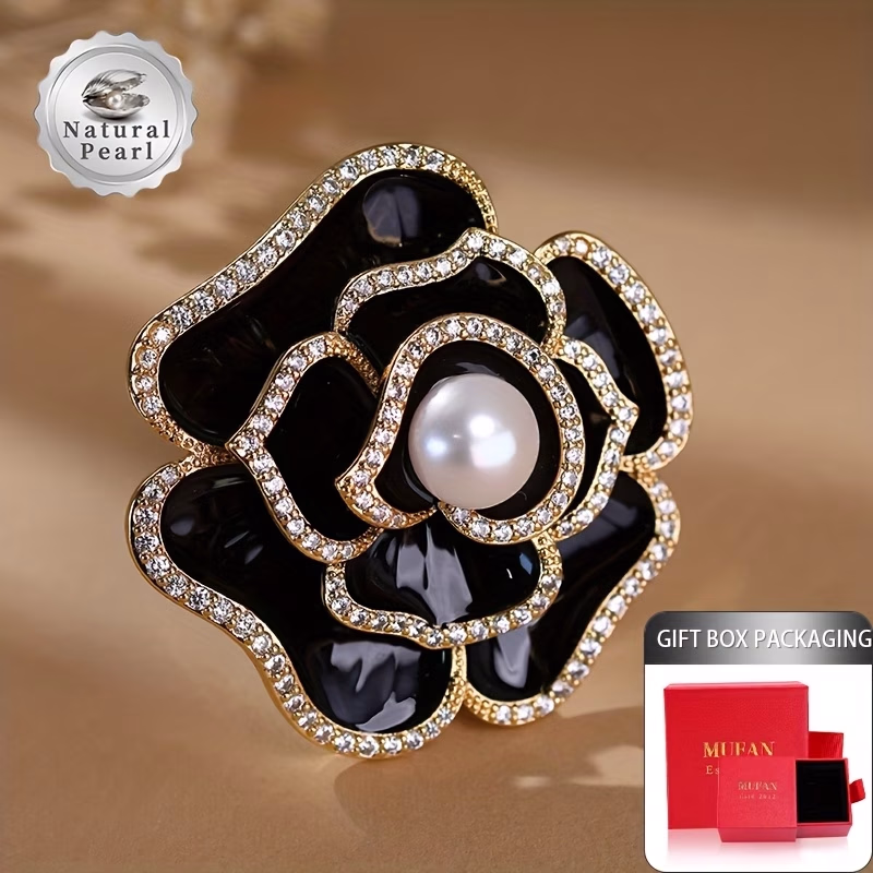 MUFAN® Freshwater Pearls Brooch – 9-10mm Flat Oval Natural White Freshwater Pearls with Black Flower