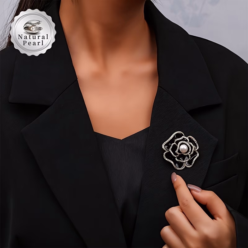 MUFAN® Freshwater Pearls Brooch – 9-10mm Flat Oval Natural White Freshwater Pearls with Black Flower