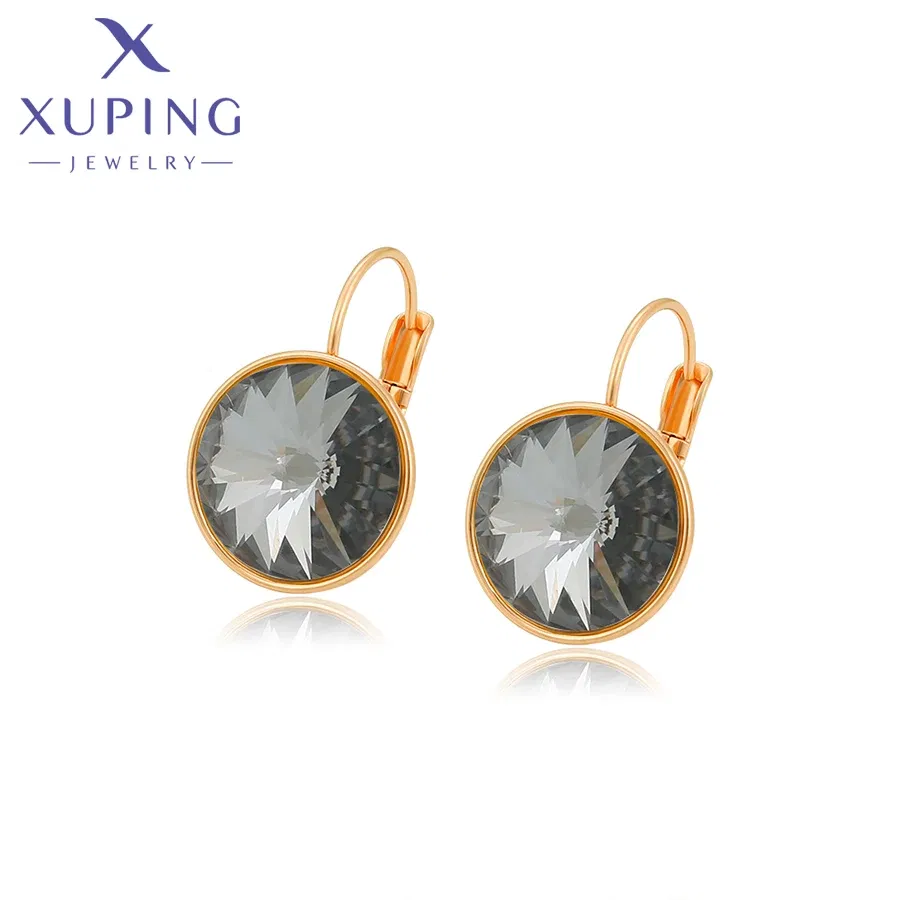 Metal Color: Gold-color, Main Stone Color: Champagne - Xuping Jewelry? С?µрьги Elegant 12mm Round Stone Women Girls Hook Crystal Earring Exquisite Gift Party A00622051