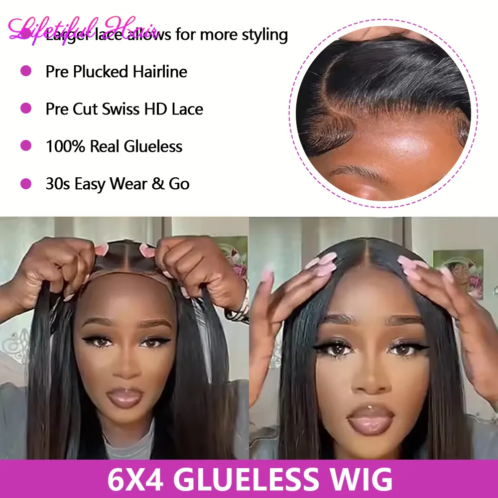 Hair Color: #1B, Density: 200%, Ships From: CHINA, Stretched Length: 30inches - 32 Inch 6x4 Bone Straight Human Hair Wigs Glueless Wig Human Hair Ready To Wear Pre-cut Brazilian 100% Human Hair Wigs For Women