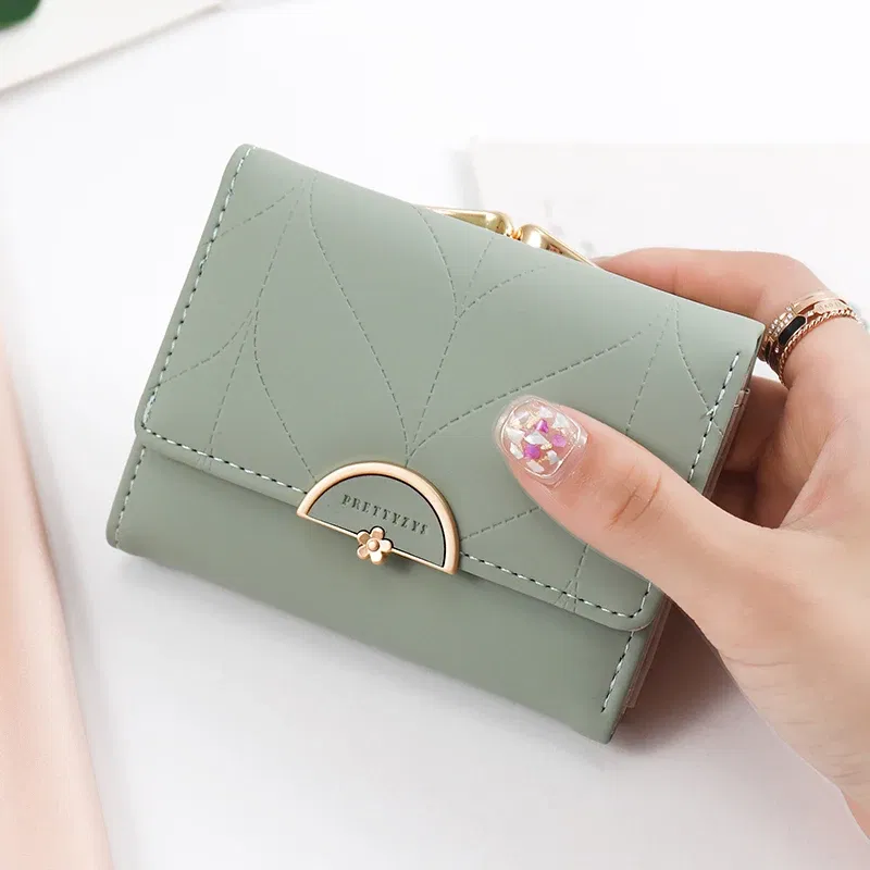 Color: GRAY - 024 Women's summer new women's short wallet Japan and South Korea PU leather hardware buckle three fold bag high texture multi-c