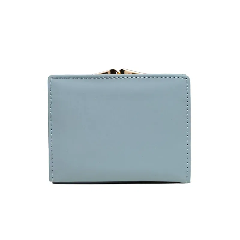 Color: GRAY - 024 Women's summer new women's short wallet Japan and South Korea PU leather hardware buckle three fold bag high texture multi-c
