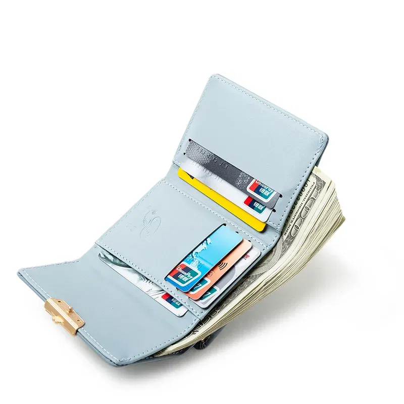 Color: GRAY - 024 Women's summer new women's short wallet Japan and South Korea PU leather hardware buckle three fold bag high texture multi-c