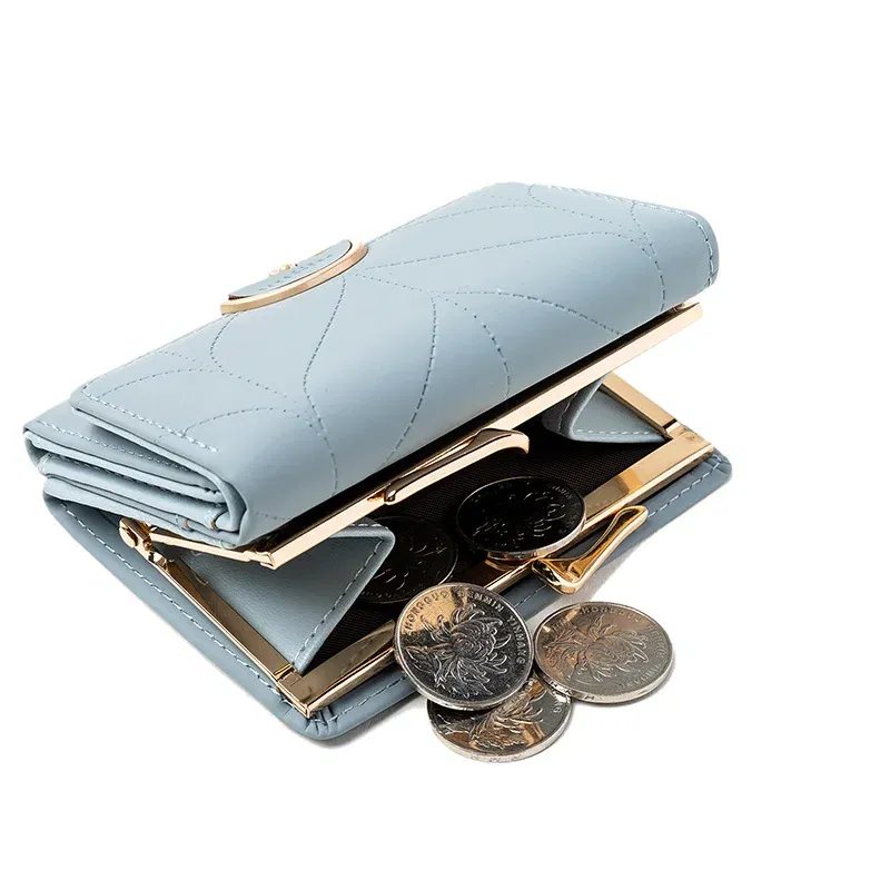Color: GRAY - 024 Women's summer new women's short wallet Japan and South Korea PU leather hardware buckle three fold bag high texture multi-c