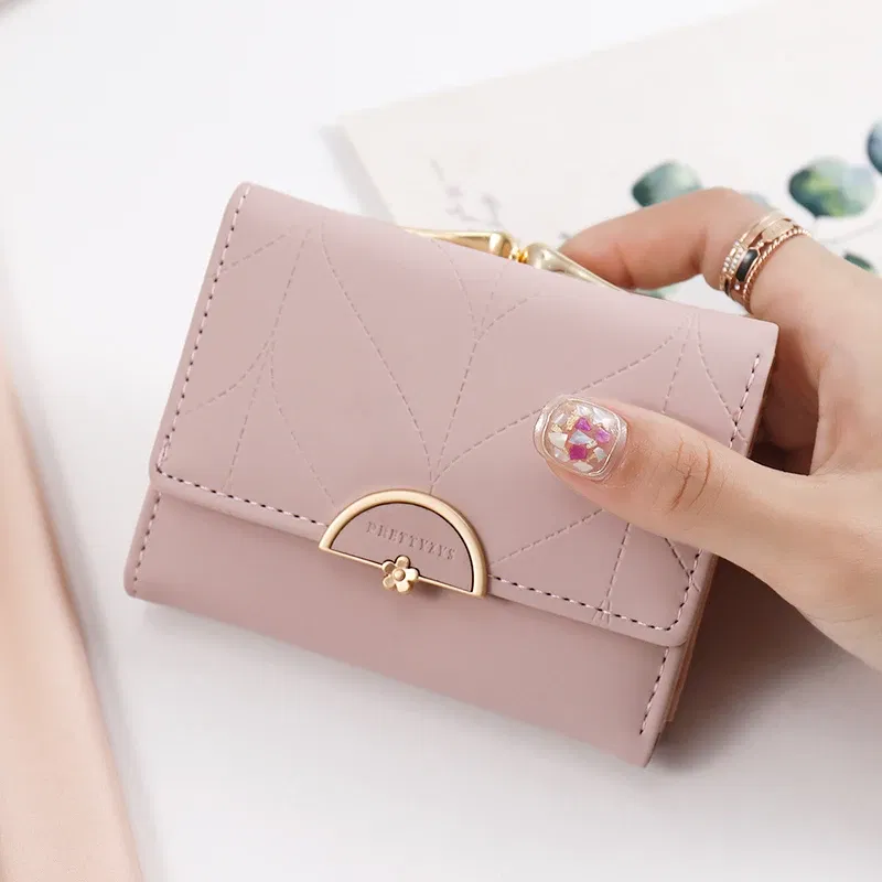 Color: GRAY - 024 Women's summer new women's short wallet Japan and South Korea PU leather hardware buckle three fold bag high texture multi-c