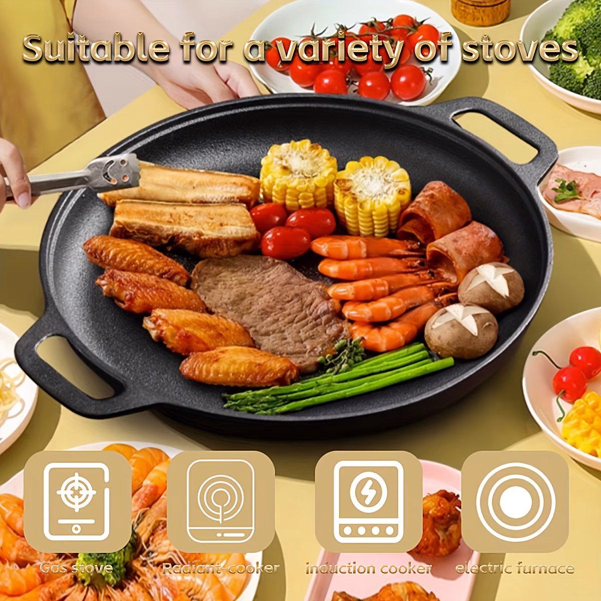 BANGRUI® 1pc Portable Lightweight Pre-Seasoned Cast Iron Grill – Non-Stick Pan for Pizza, BBQ, Pancakes