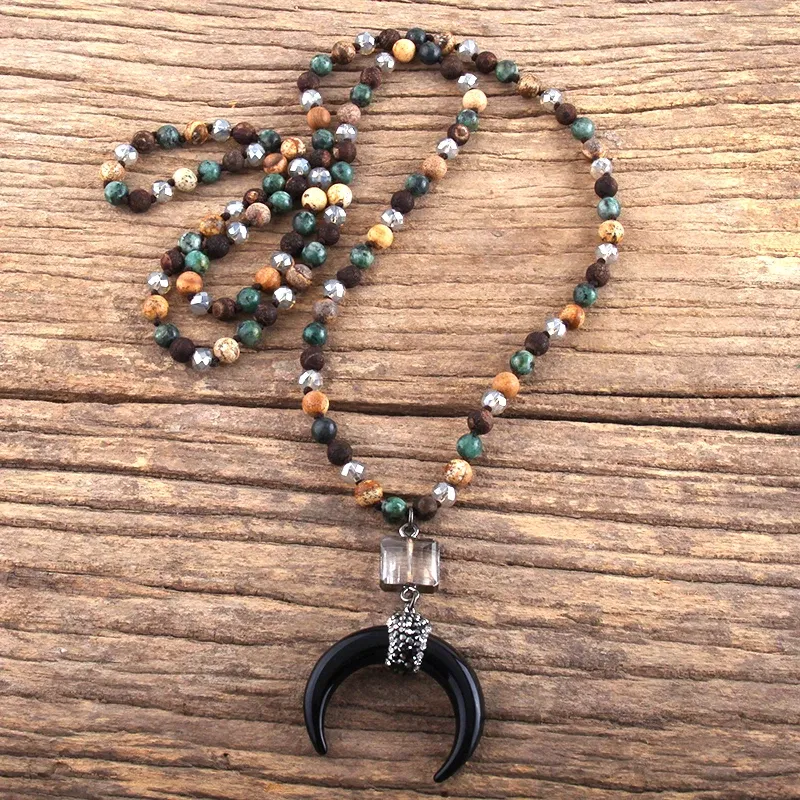 Metal Color: Titanium Plated, Length: 45cm, Ships From: CHINA - Fashion Bohemian Jewelry Natural Stones Crystal Glass Knotted Ox Horn Moon Pendant Necklace Women Boho Necklaces  Girls