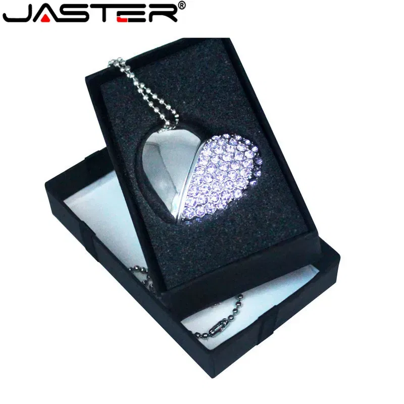Color: WHITE, Capacity: 64GB - Metal Diamond USB Flash Drive 128GB Crystal Heart With Gift Box Pen Drive 64GB Creative Gifts Memory Stick Pendrive 32GB 16GB 8G
