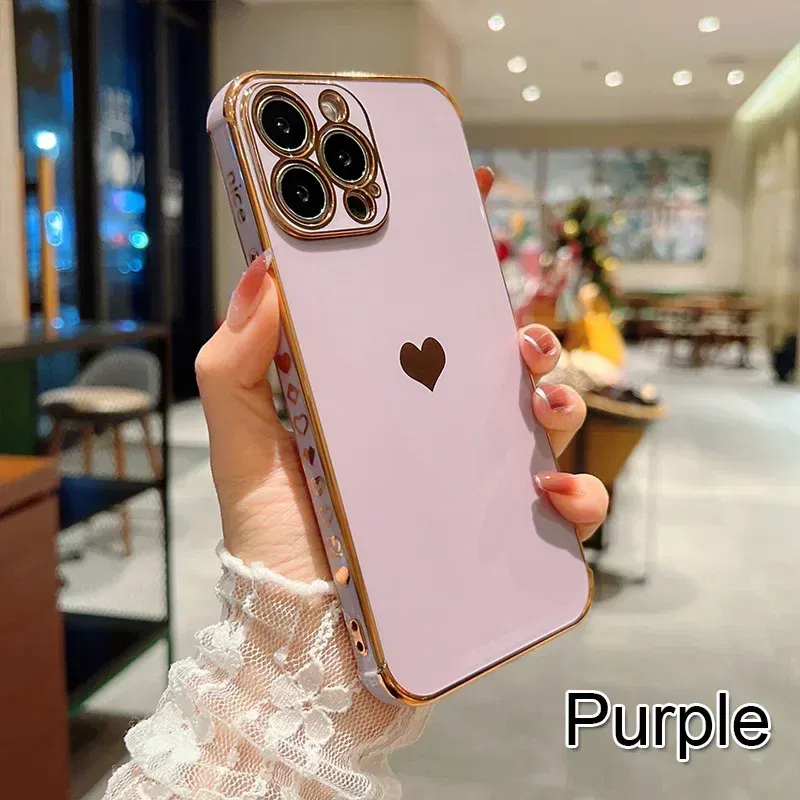 Color: Orange, Compatible-Phone Models: For iPhone 15 Pro, Ships From: CN - Electroplating Side Love Heart Phone Case For IPhone 16 15 14 13 12 11 Pro Max XR 8 Plus SE2/SE3 Shockproof Back Cover