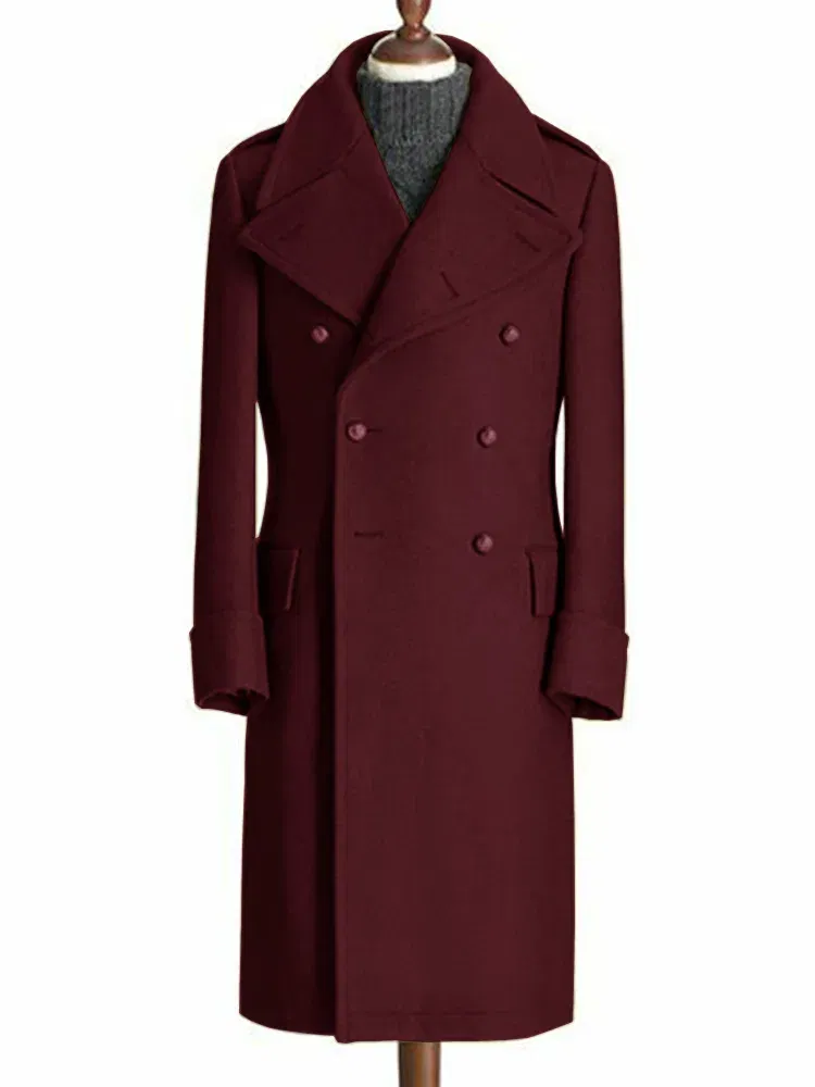 Color: Burgundy, Size: XS - Windbreak Men's Jacket Wool Long Coat Lapel Double Breasted Men's Trench Coats Windbreakers Jackets Man Winter 2023 Martens Male
