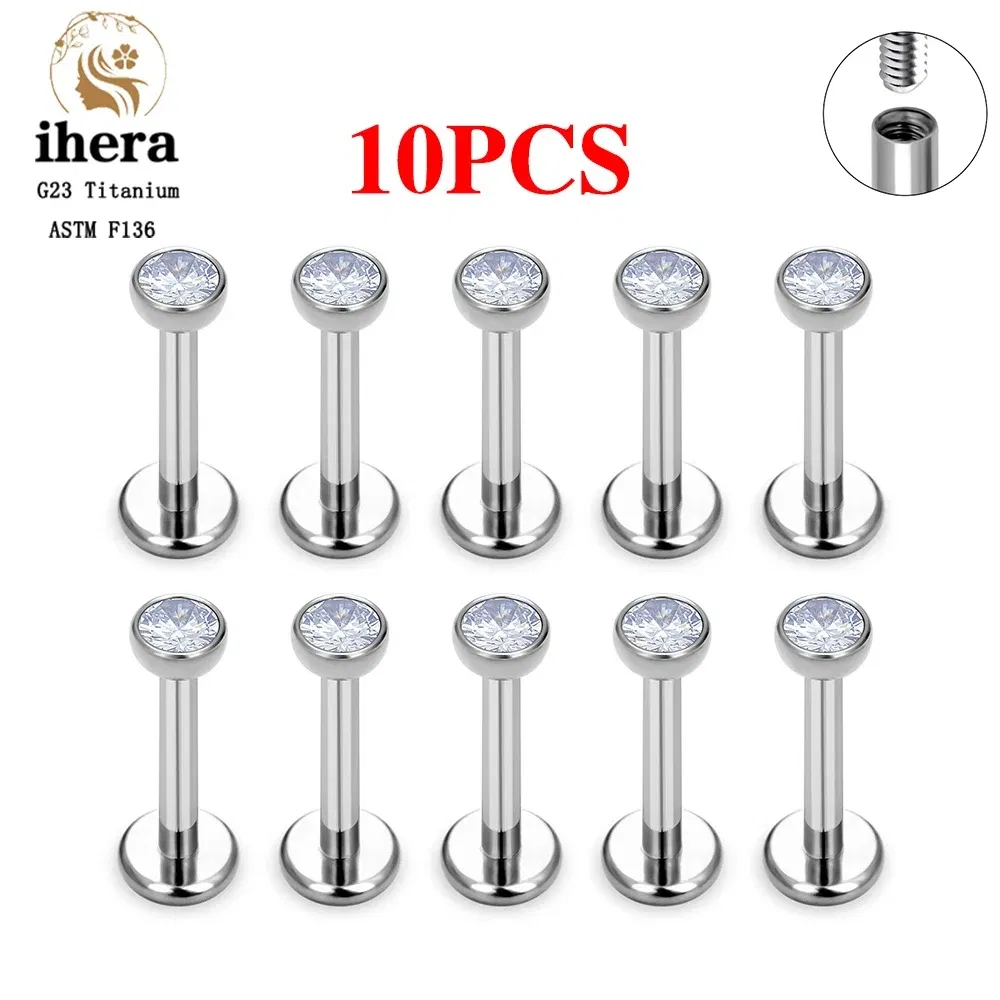 Metal color: ROSE GOLD COLOR, Ships From: CHINA, Main Stone Color: Pink - 10PCS G23 Titanium Labret Piercing Lip Ring 16G F136 Internal Thread Nose Stud Earring Tragus Helix Cartilage Piercing Jewelry