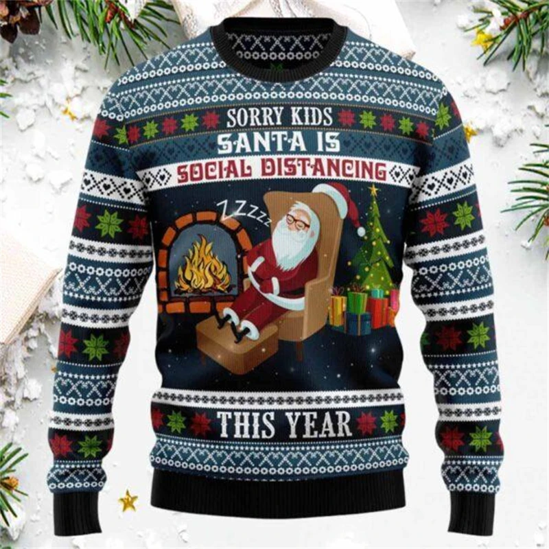 Color: GRAY, Size: L - Funny Santa Claus Graphic Ugly Christmas Sweater 2026 Men Fashion Autumn Winter 3D Printed Sweatshirt Casual Oversized Pullovers