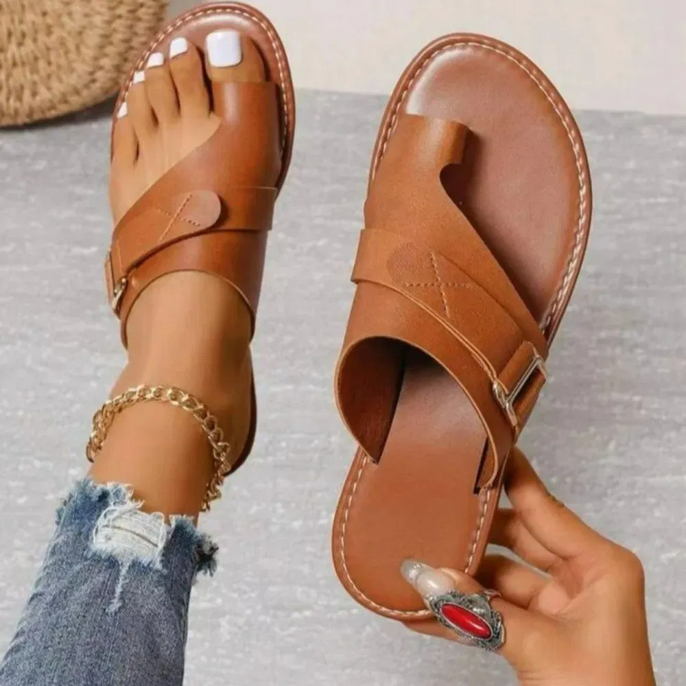 Color: Beige, Shoe Size: 37 - Women Slippers Outdoor Casual Beach Women Shoes Summer New Flats Flip Flop Sandals Walking Clip Toe Rome Buckle Ladies Slides