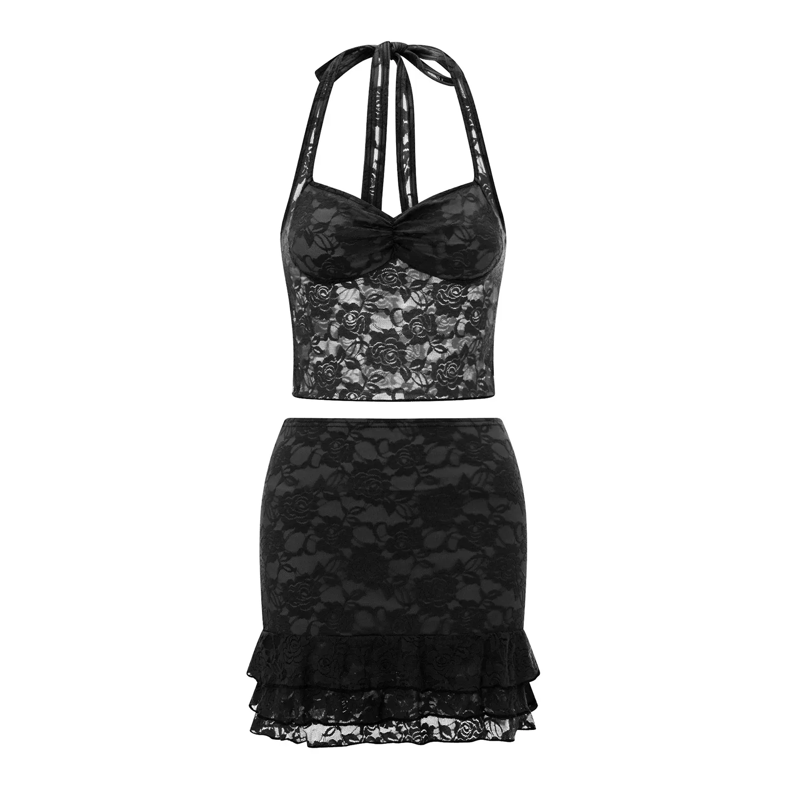 Color: Black, Size: S - Women Summer Skirts Outfits Sexy Tie-Up Halter Neck Sleeveless Backless Lace Tank Tops Mini Skirts 2 Pieces Clothes Set Club