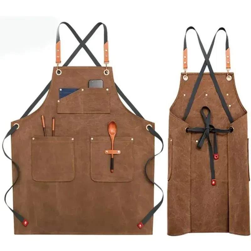 Color: Red - Apron Men Women Aprons W/ Large Pockets Cooking Aprons, Canvas Cross Back Apron Adjustable Strap Baker Apron Kitchen Baking Bib