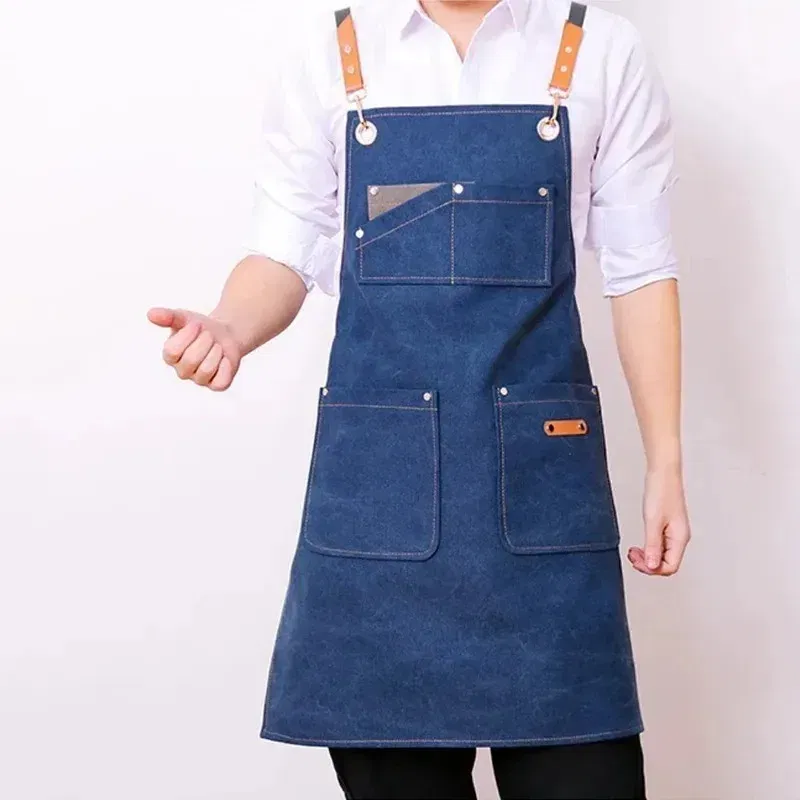 Color: Red - Apron Men Women Aprons W/ Large Pockets Cooking Aprons, Canvas Cross Back Apron Adjustable Strap Baker Apron Kitchen Baking Bib