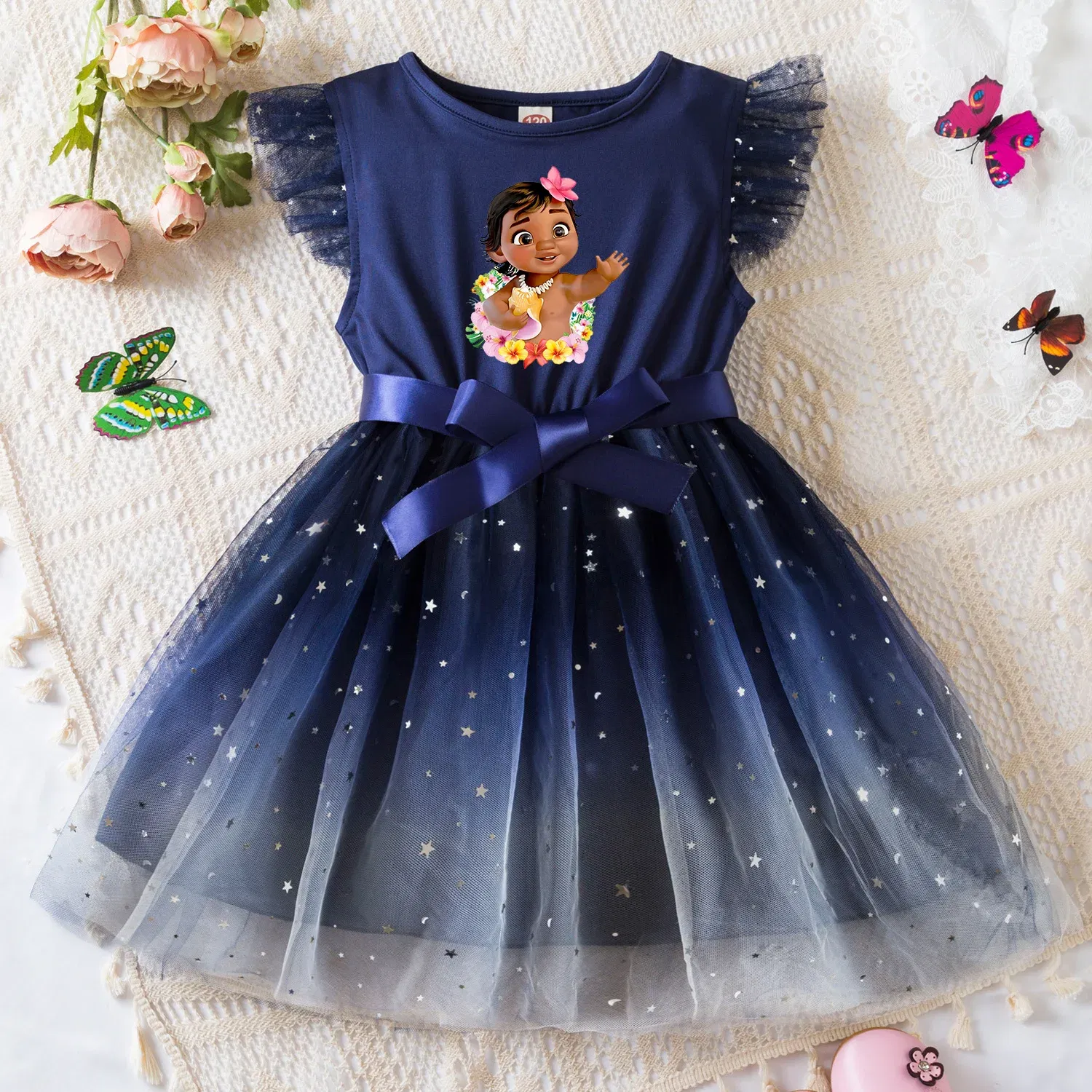 Color: SKY BLUE, Size: L - Moana Summer Toddler Girl Dress Princess Star Baby Girls Clothes Tulle Tutu Dress for Children Party Dress 2-6Y
