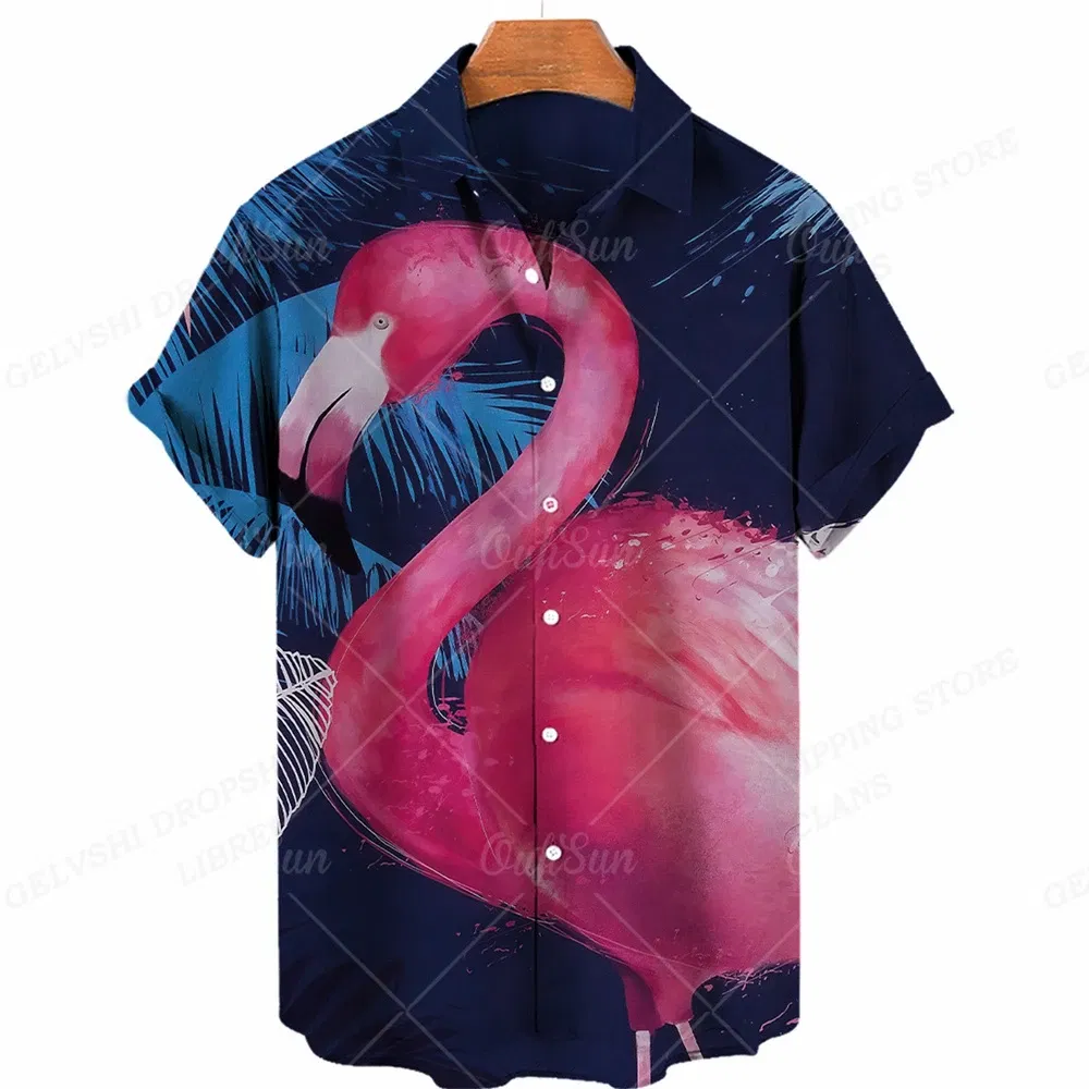 Color: Yellow, Size: 5XL - Flamingo Hawaiian Shirts Beach Summer Men's Shirt Tropic Leaf 3D Print Shirts Men Women Fashion Blouse Short Sleeve Vocation