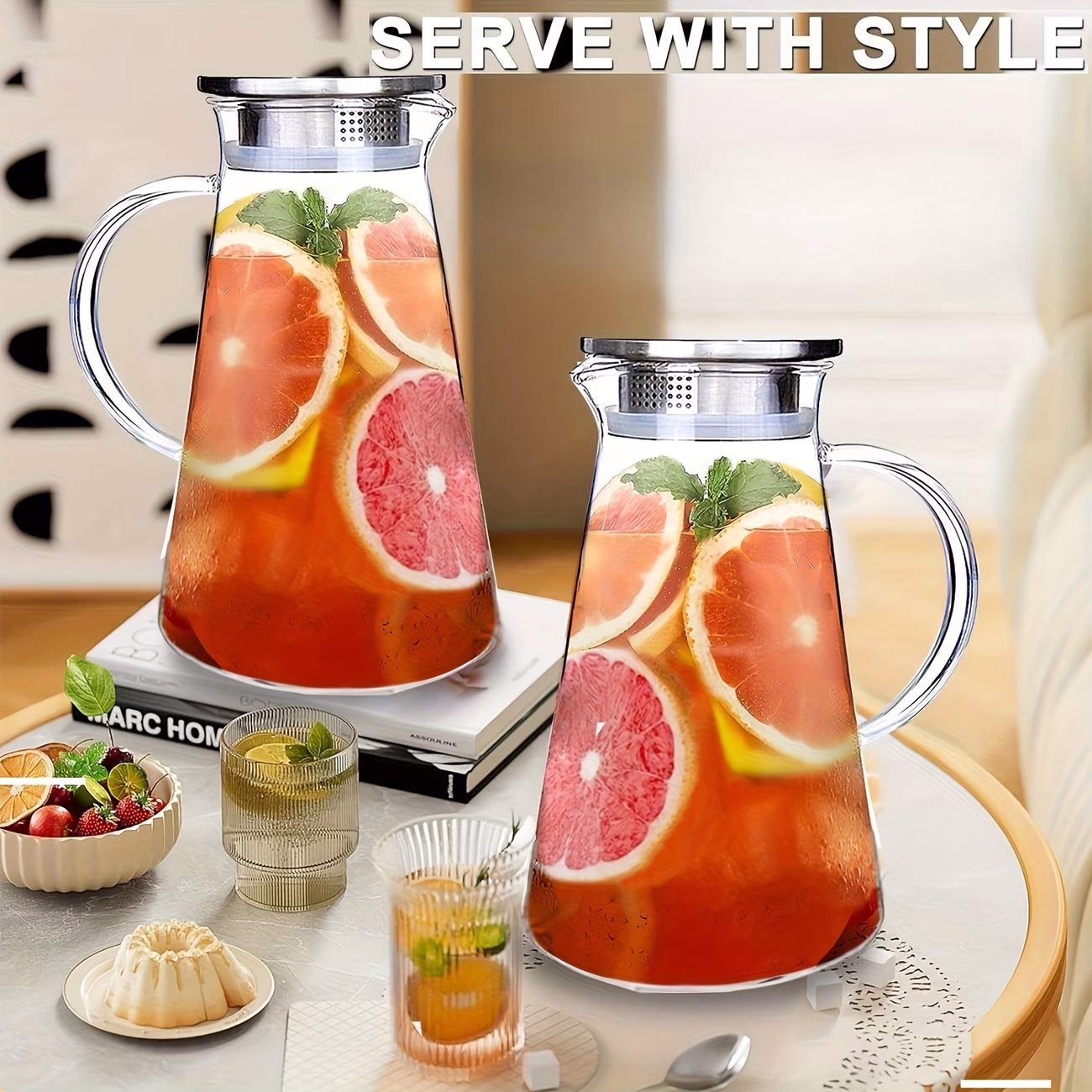 DOTOCOOK® 2pcs 2L/68oz Glass Pitchers with Lids – Heat-Resistant and Easy-to-Clean Pitchers for Hot and Cold Drinks