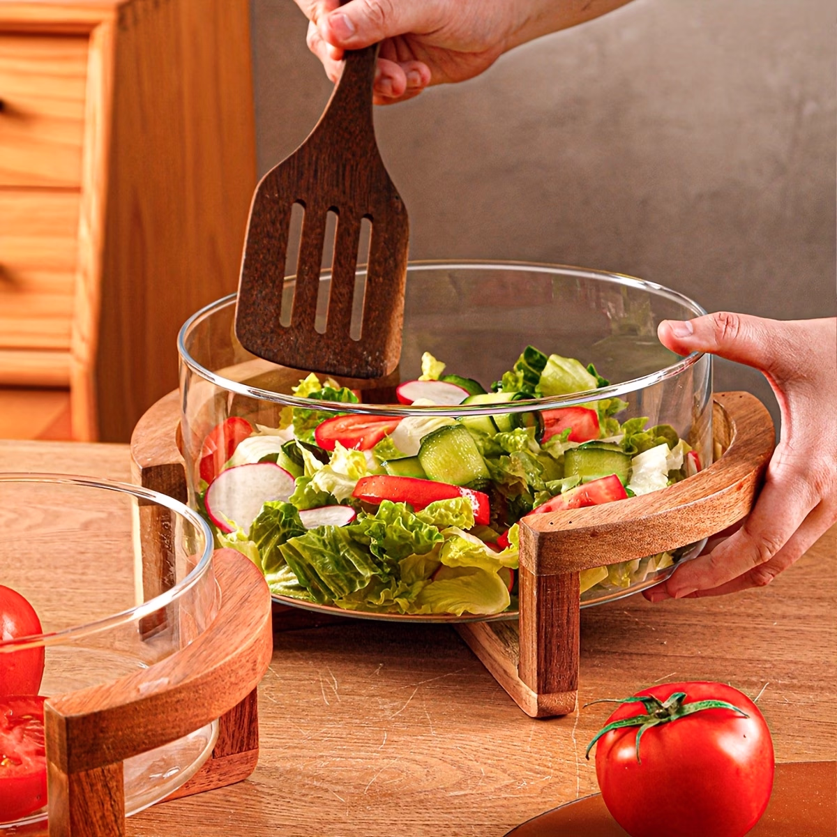WGroom™ 2pcs/set Acacia Wood Base Glass Fruit Dish – Elegant Fruit Bowl and Salad Bowl Set