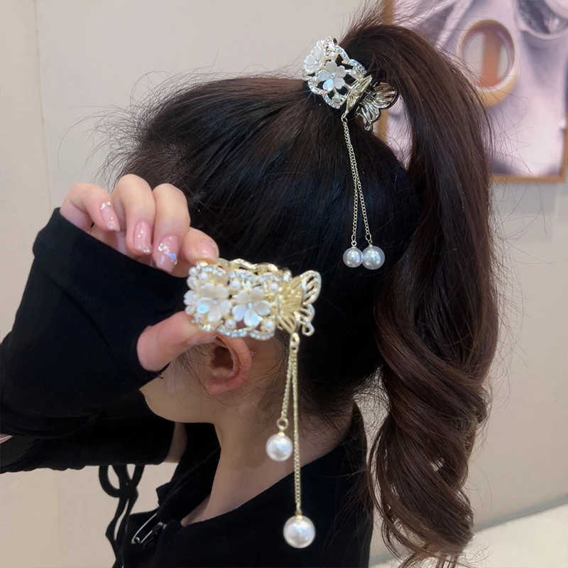 Color: GRAY - Fashion Rhinestone Tassel Pearl Hair Claws Flowers Hair Clip Women Barrettes Ponytail Holder Hairpins Hair Accessories Gifts