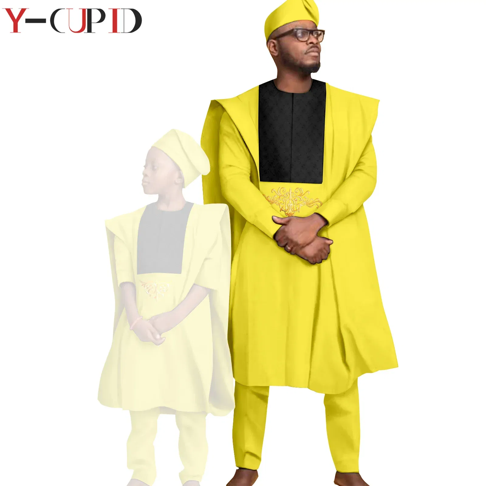 Color: Dark Grey, Size: XL - African Clothes for Men Top Pants Robes Hat Sets Match Kid Boy Sets Dashiki Father and Son Bazin Riche Family Outfits Y20F001