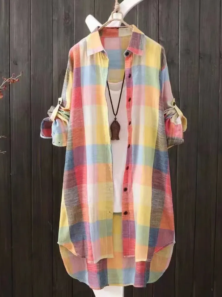 Color: MULTI, Size: M - Women's Plaid Cotton Shirt Chic Women Blouse Elegant and Youth Women's Blouses New In External Clothes Korean Style