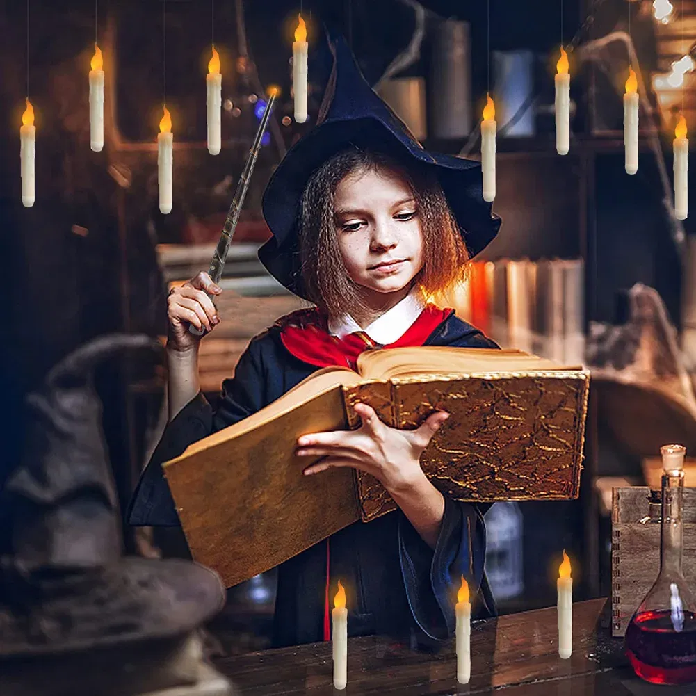 Emitting Color: Warm White - Halloween LED Floating Candles Magic Wand Remote Hanging Operated Potter Harries Battery Floating Candles Warm Light Decoration