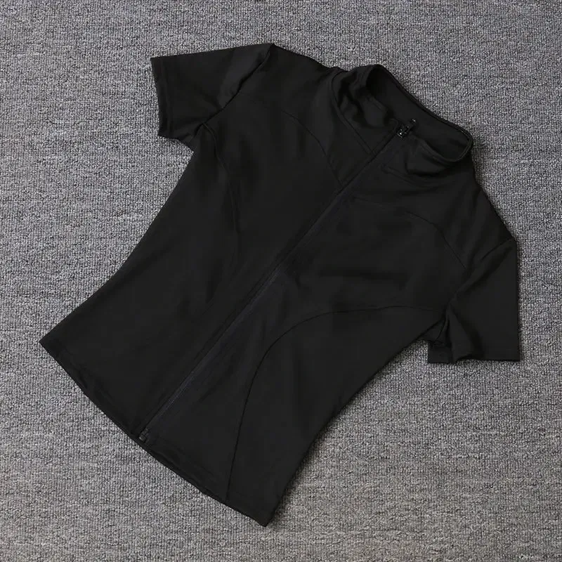 Color: black, Size: L - Summer High Quality Waist Slimming Training Tops Women's Quick-drying Tight Stand Collar Full Zipper Short Sleeves Yoga shirts