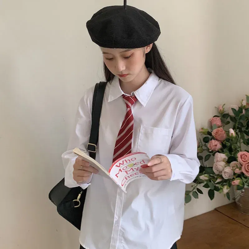 Color: WHITE, Size: M - MEXZT Japanese Women Solid White Shirts Spring Jk Preppy Style Long Sleeve Student Blouse Fashion Button Female Pocket Tops New