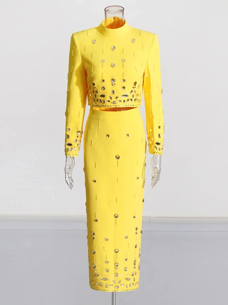 Color: WHITE, Size: M - Spliced Diamonds Two Piece Set For Women Stand Collar Long Sleeve Tops High Waist Skirt Elegant Chic Set Female Fashion New