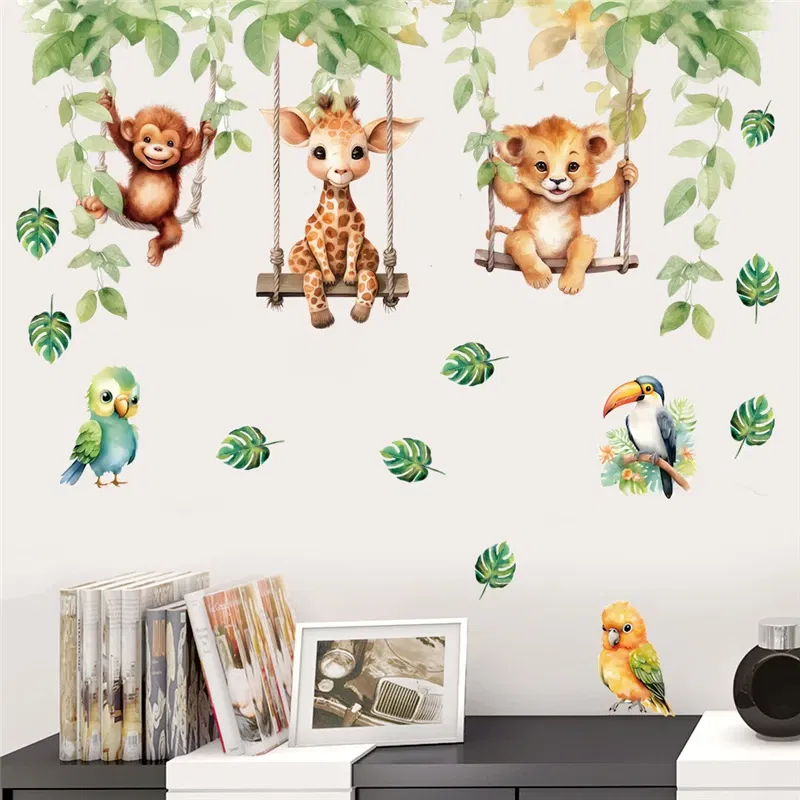 Color: light yellow - Funny Animals Bird Swinging Wall Stickers Kids Room Decoration Diy Cartoon Monkey Giraffe Lion Mural Art Pvc Posters Home Decals