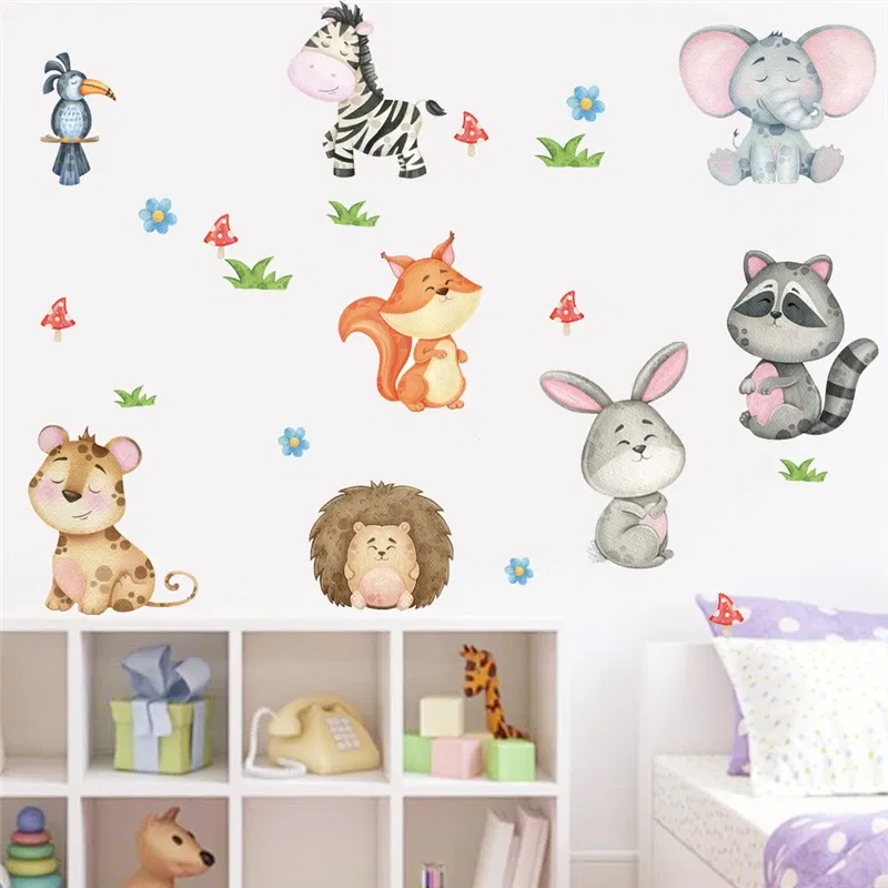 Color: light yellow - Funny Animals Bird Swinging Wall Stickers Kids Room Decoration Diy Cartoon Monkey Giraffe Lion Mural Art Pvc Posters Home Decals