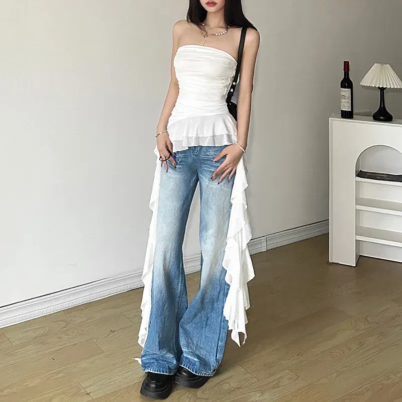 Color: black, Size: M - Nibber 2024 Spring New Solid Color Sweet Gentle Cute All-match High Street Travel Sexy Cool Women Chest Wrap ruched Tassel Vest
