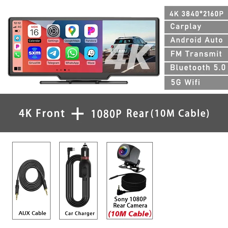 Car Dvr 10.26 Inch 4K 3840*2160P Carplay Android Auto Dash Cam GPS 5G WIFI FM BT Dual Lens Camera Dashcam Drive Recorder