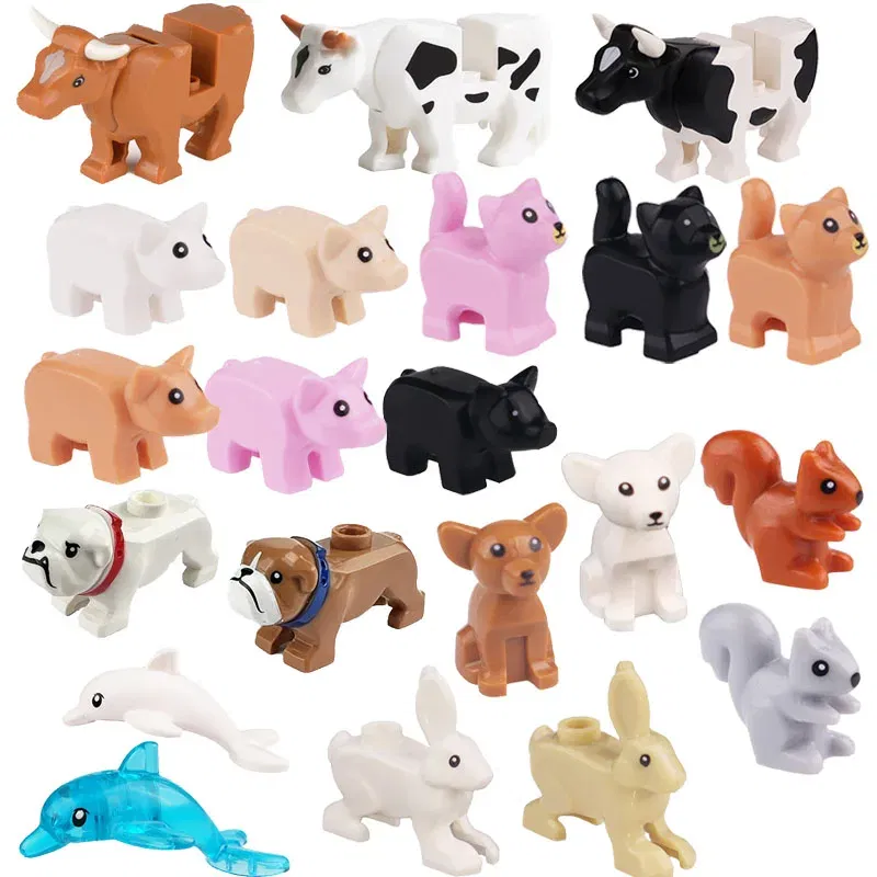 Color: REDDISH BROWN - MOC City Animal Building Block Figures Hare Dairy Cow Squirrel Dolphin Pug DIY Farm Street View Accessories Bricks Toys Gifts