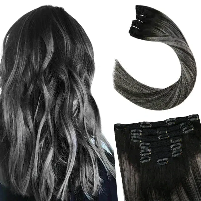 Color: Silver, Length: 24 Inches, Weight Per Package: 120g/Set - [16 Colors] Ugeat Clip in Hair Extensions Human Hair 14-22" Double Weft Remy Hair Full Head Clip in Extensions for Woman 7Pcs