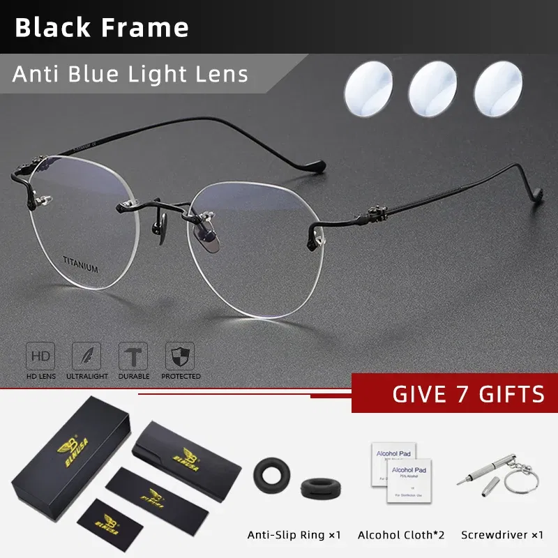 Frame Color: PURPLE, Eye Prescription: +250 - BLMUSA Pure Titanium Rimless Anti-blue Light Reading Glasses for Men Round Photochromic Optical Prescription with MR-8 lens