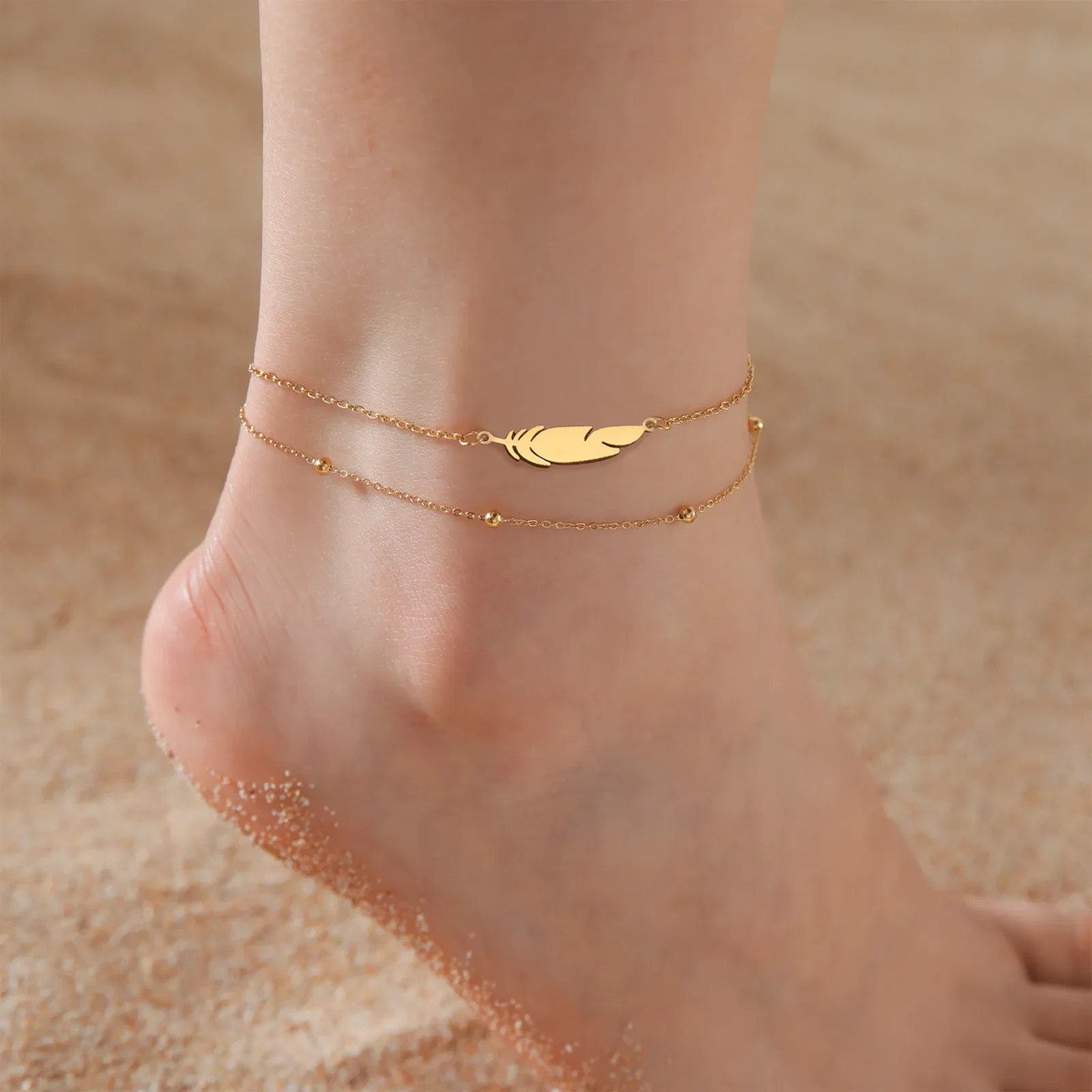 Metal Color: Platinum Plated - Kkjoy Ankles of Women Men Silver Color Feather Stainless Steel Double Foot Chain Beach Style Trendy Female Jewelry Accessories