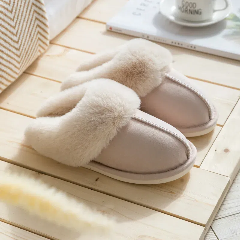Color: Beige, Shoe Size: 36 - Women's Faux Fur Slippers 2024 New Warm Thicked Plush Bedroom Sandals Woman Comfort Soft Sole Home Couple Winter Shoes Slides
