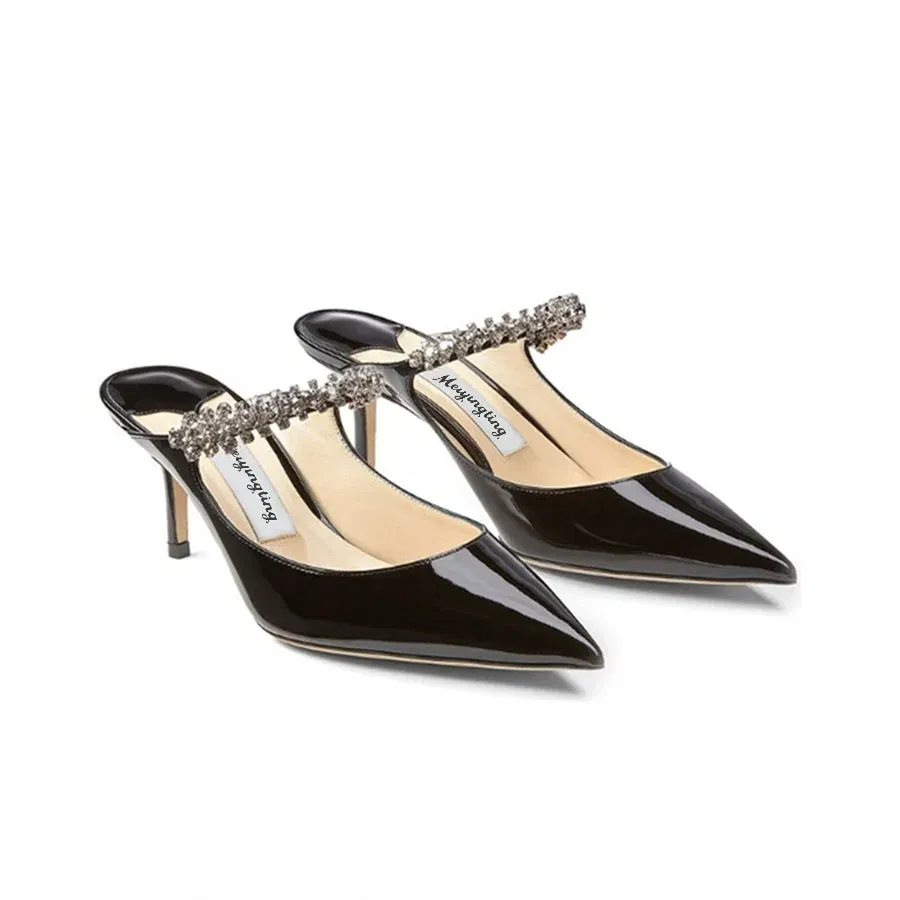 Color: black, Shoe Size: 40, Ships From: CHINA - Elegant Leather Mules Pointed Toe Stylish Rhinestone Embellished High Heel Sandals Sophisticated Party Evening Shoes Footwear