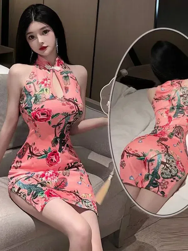 Size: S, Color: Pink - Sexy Classical Printed Cheongsam Slim Uniform Dress Elegant Fashion Sweet Women Mini Dress Sexy Tops 2024 New Fashion I491