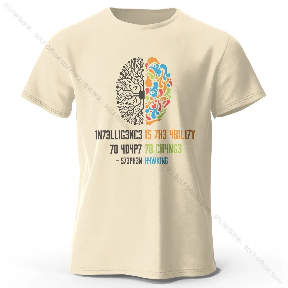 Color: Beige, Size: L - Funny Brain Power Printed 100% Cotton T-Shirt, Soft & Breathable Round Neck Short Sleeve Tee, Unisex Quirky Style