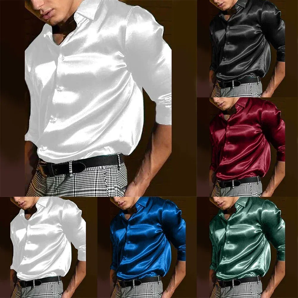 Color: Beige, Size: M, Ships From: CHINA - Casual Men's Satin Silk Dress Shirts Long Sleeve Social Single Breasted Button Turn-Down Collar Shirts Wedding Party Men Clothes