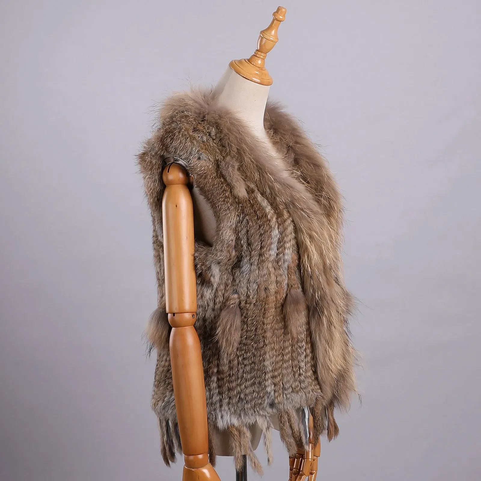 Color: green, Size: L - Luxury Women's Genuine Premium Long Hair Rabbit Fur Knit Vest Raccoon Fur Trim Gilet Lady Sleeveless Waistcoat Real Fur Jacket