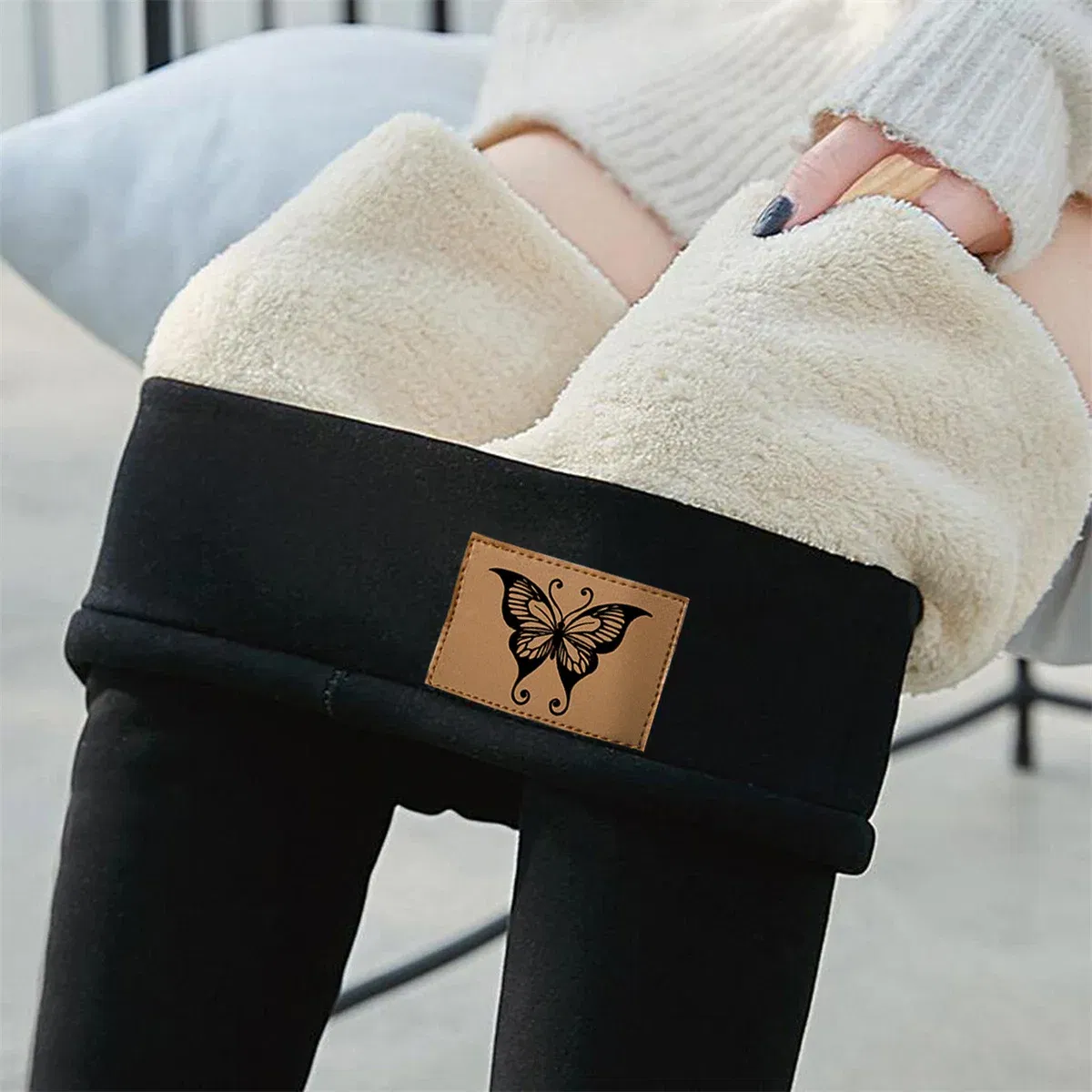 Color: SKY BLUE, Size: L - Winter Women Leggings Solid Warm Leggings Thicken Lambwool Hight Waist Fleece Keep Butt Lift High Stretchy Walking Pants Pocket