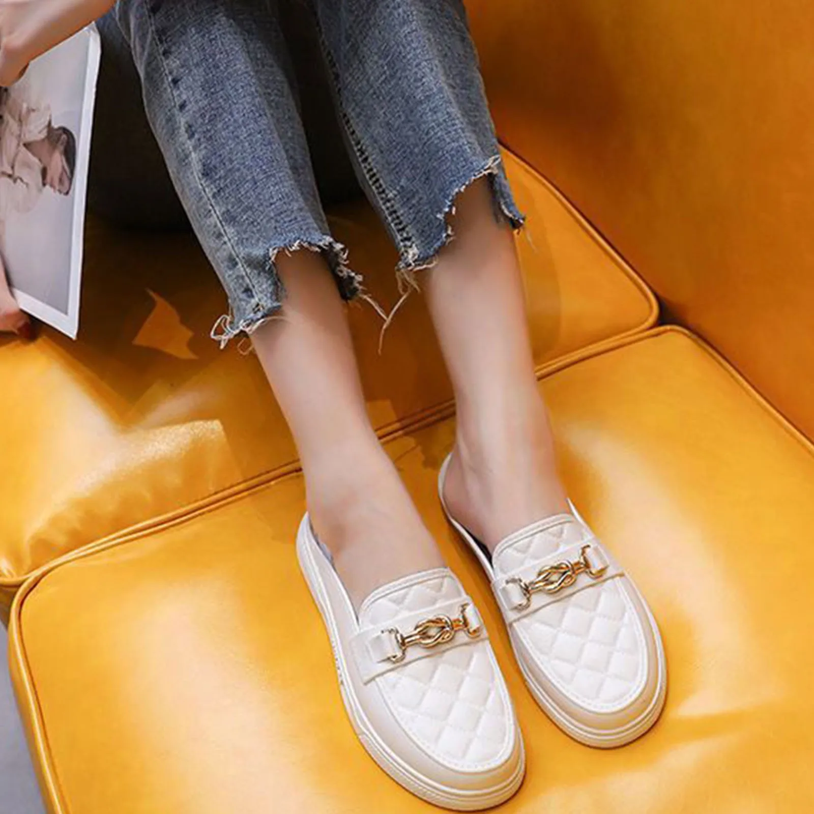 Color: WHITE, Shoe Size: 36 - Summer New Style Women's Soft Bottom Anti-slip Versatile Outer Wear Beach Flat Bottom Lazy Person One Step Casual Half Slippers