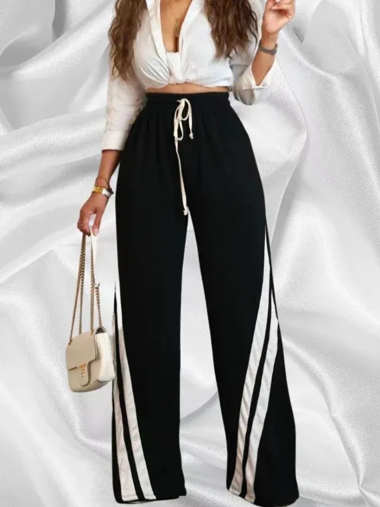 Color: GRAY, Size: S - Women Wide Leg Pant Long Pants High Elastic Waist Elegant Splice Pocket Simple Casual Loose Straight Trousers Lace Up Streetwear